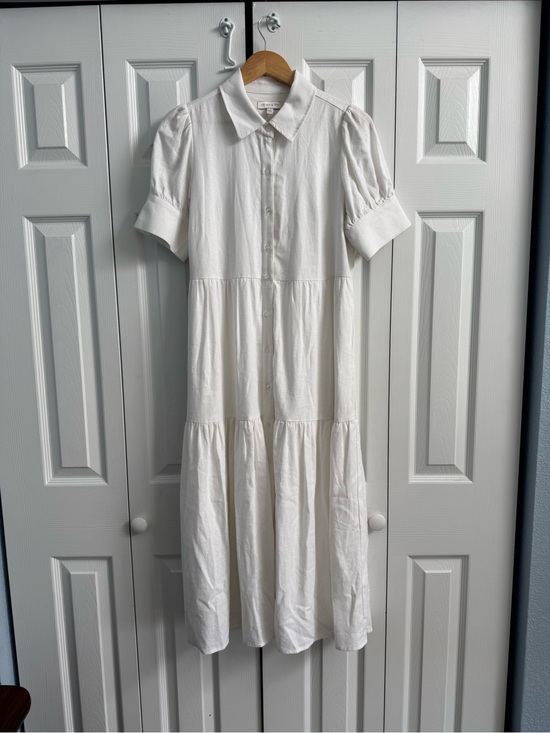 crown & ivy Dresses & Skirts - Cottagecore Linen Blend White Button-Front Tiered Midi Dress